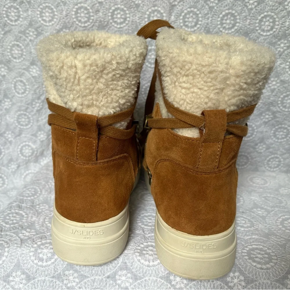 J/Slides Newbie Tan Suede Leather Faux Fur Platform Boot; Women’s 7.5; snowbunny